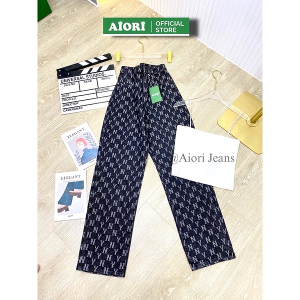 [CAO CẤP - ĐỦ 3 MÀU] Quần Jean Ống Rộng AIORI Lưng Cao Họa Tiết NY Thời Trang Hàn Quốc_Mã E004
