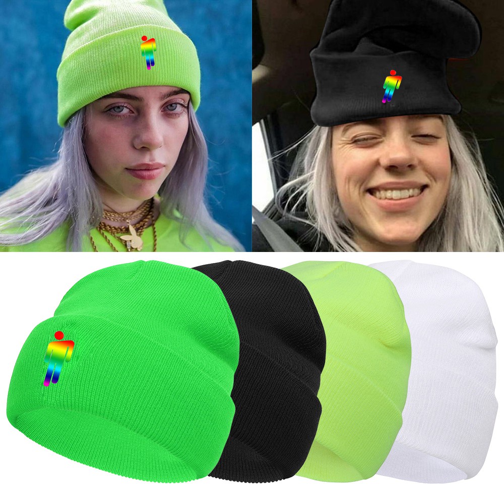 💍MELODG💍 Billie Eilish Warm Winter Cap Solid Color for Women and Men Unisex Beanie Hat Embroidery Bonnet Hip-hop Casual Cuffed Beanies