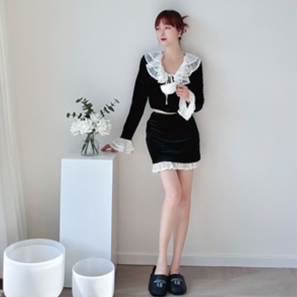 Sét áo nhung kiểu cổ bèo ren + chân váy nhung chất liệu cao cấp hàng order Taobao nhà Oanhdilys