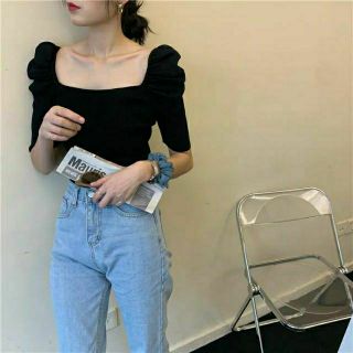 (SẴN) Áo len hè cổ vuông tay phồng