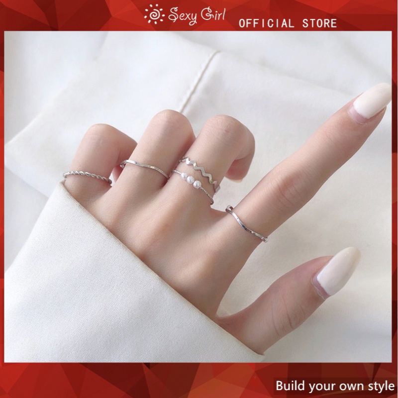 Set 5 Nhẫn Đeo Tay Kim Loại Đính Ngọc Trai Giả Thời Trang Nữ