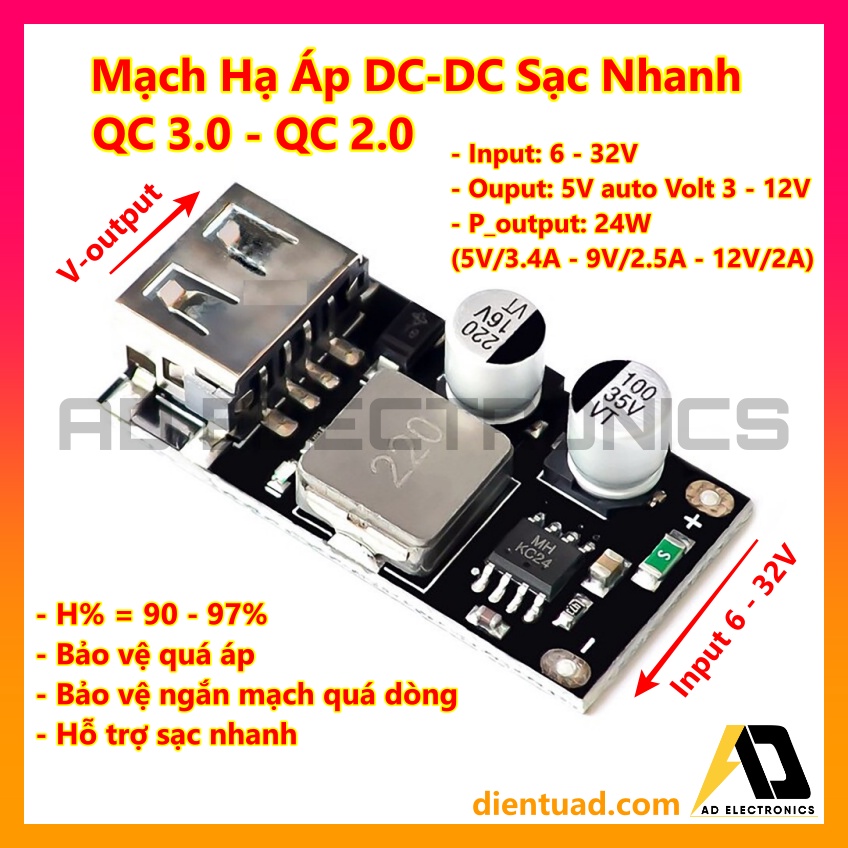 Mạch Hạ Áp Sạc Nhanh Cổng USB Quick Charge QC3.0/QC2.0 DC-DC Công suất 24W Input 6 - 32V Output 5V-3.4A/ 9V-2.5A/ 12V-2A