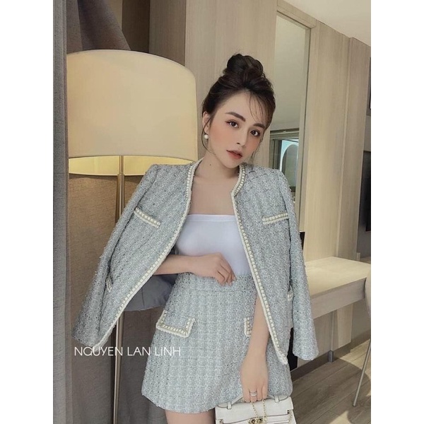 Dạ tweed kẻ nhũ 3 màu siêu sang