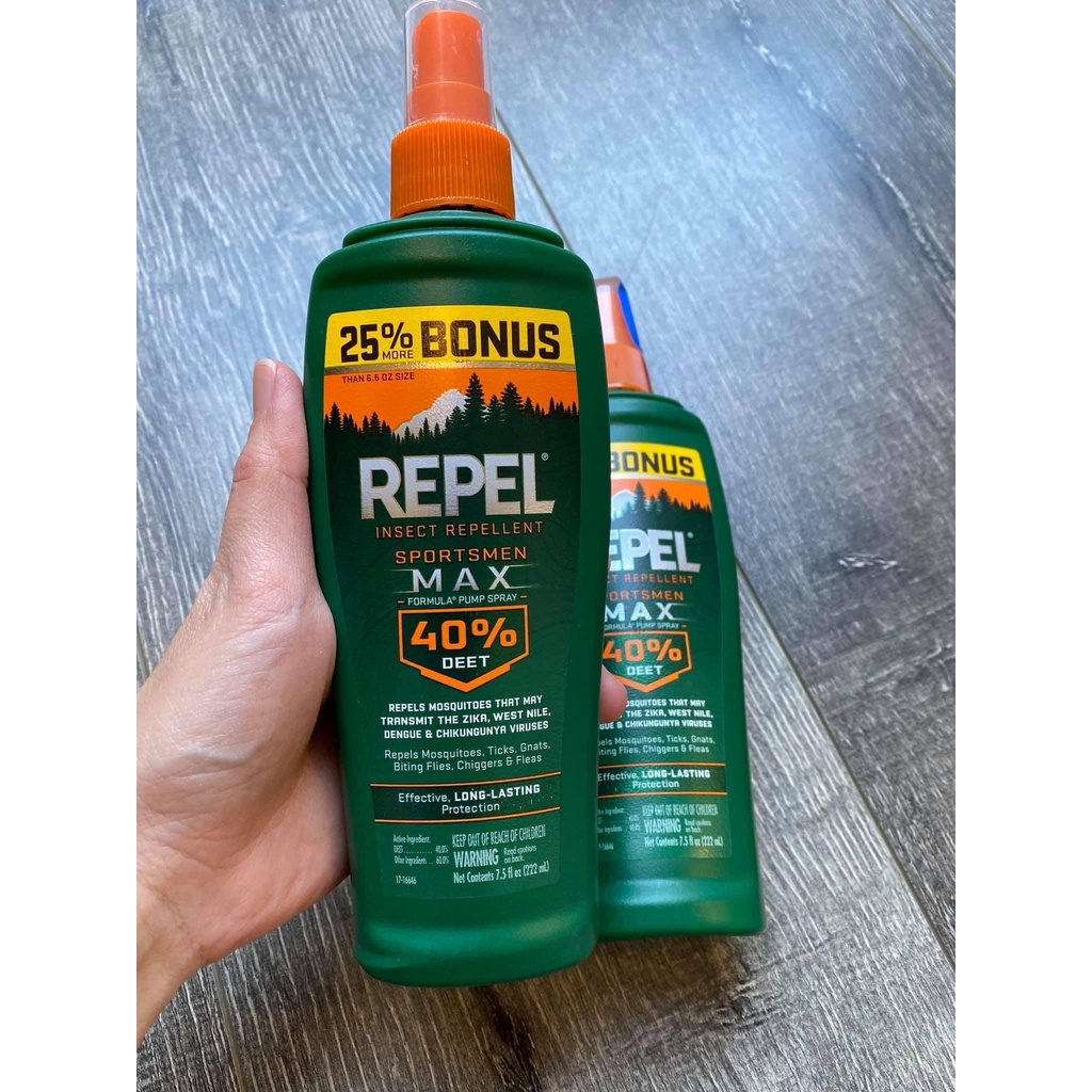 Xịt xua muỗi, côn trùng Repel Insect Repellent Sportsmen Max Formula Spray Pump 40% DEET 222ml - Mỹ