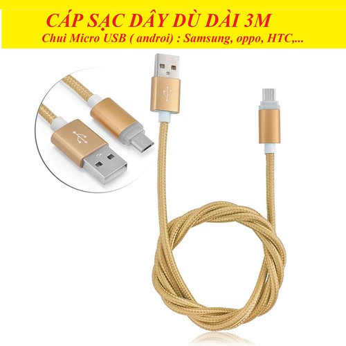 Cáp Sạc Micro USB Truyền Data 3M Bọc Dù cho Samsung, Oppo, HTC, Xiaomi, Huawei