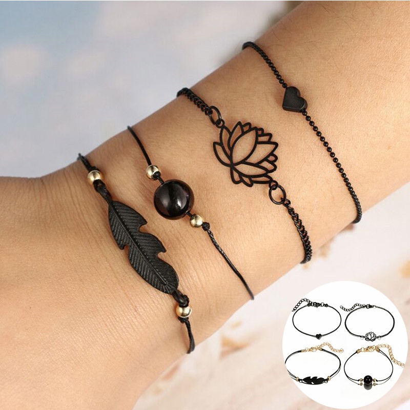Set 4 vòng tay đệt màu đen hình lá hoa sen trái tim có thể điều chỉnh làm quà tặng cho nữ