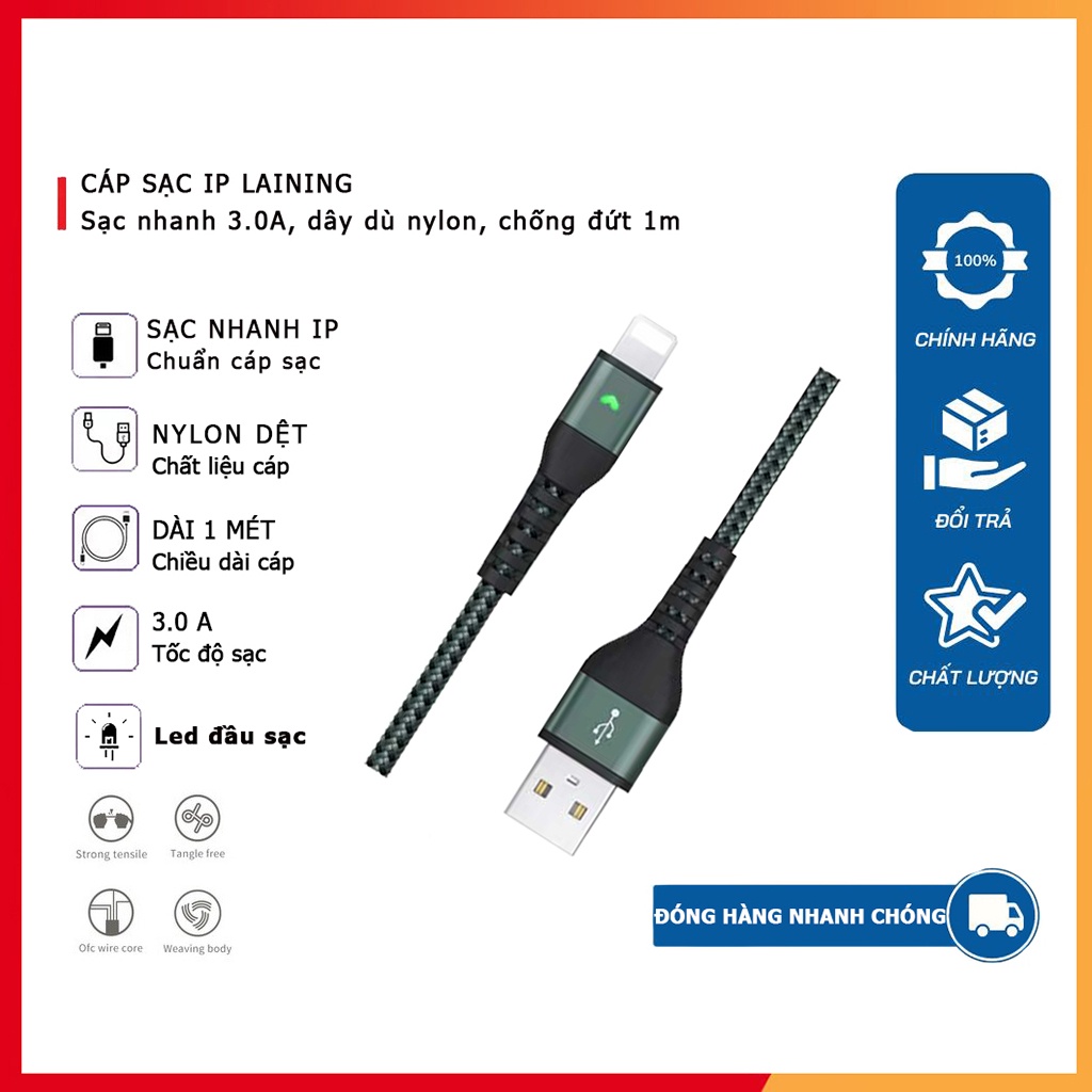 Cáp sạc nhanh iP8/x/11/12/13 LANEX và truyền dữ liệu sạc nhanh 3.0A dây sạc bọc dù chống đứt siêu bền