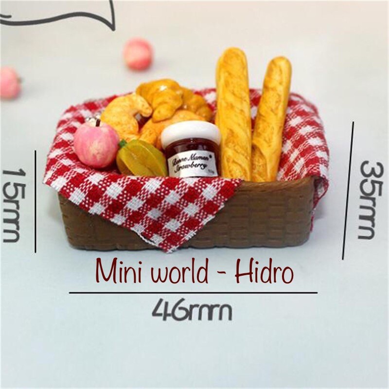 Set combo mô hình khay mây chữ Nhật giỏ bánh mì mứt bánh trái mini tí hon tỉ lệ 1/12 dành trang trí nhà búp bê