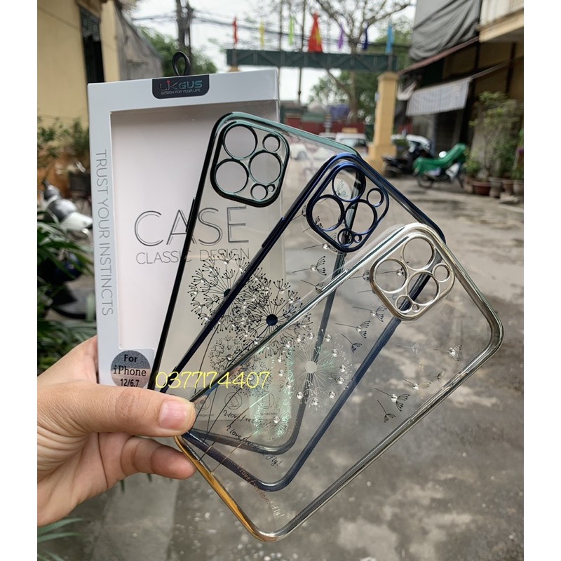 Ốp lưng likGus hoa Bồ công anh đính đá cho iPhone 7 đến 12 Pro Max viền màu bảo vệ cụm camera siêu đẹp