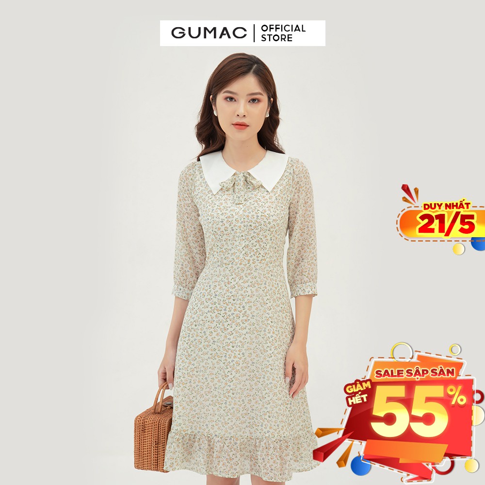 [Mã WABRGU155 giảm 15% tối đa 50k đơn 199k] Đầm xòe nữ họa tiết hoa phối cổ GUMAC màu trắng sang trọng DB3111