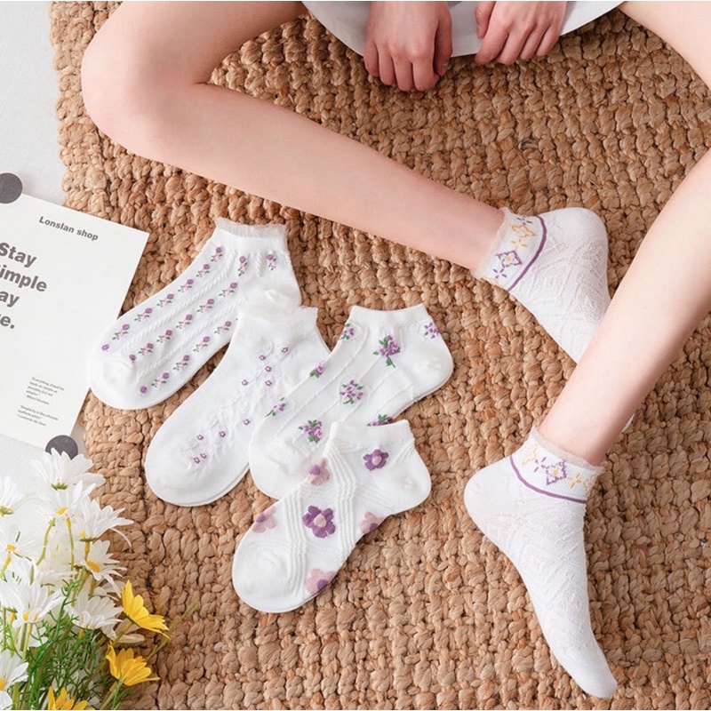 V04/Vớ tất cổ ngắn vintage Hàn Quốc sinh viên retro tất ngắn cotton phụ kiện giày phong cách Nhật Bản Harajuku vải bông