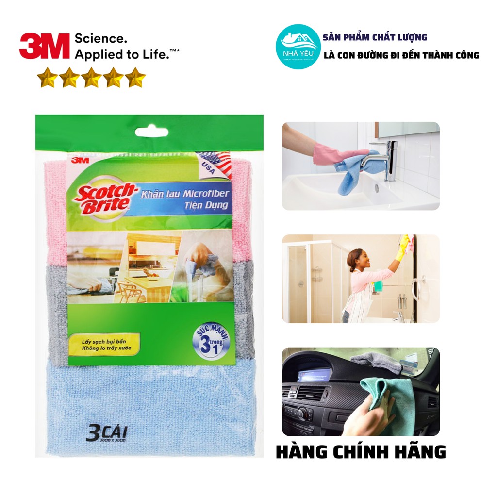 Khăn Lau Tiện Dụng 3M Scotch Brite Gói 3 Chiếc Không Trầy Xước-Lau Được Cho Mọi Bề Mặt Bàn,Ghế,Tủ Và Ô Tô