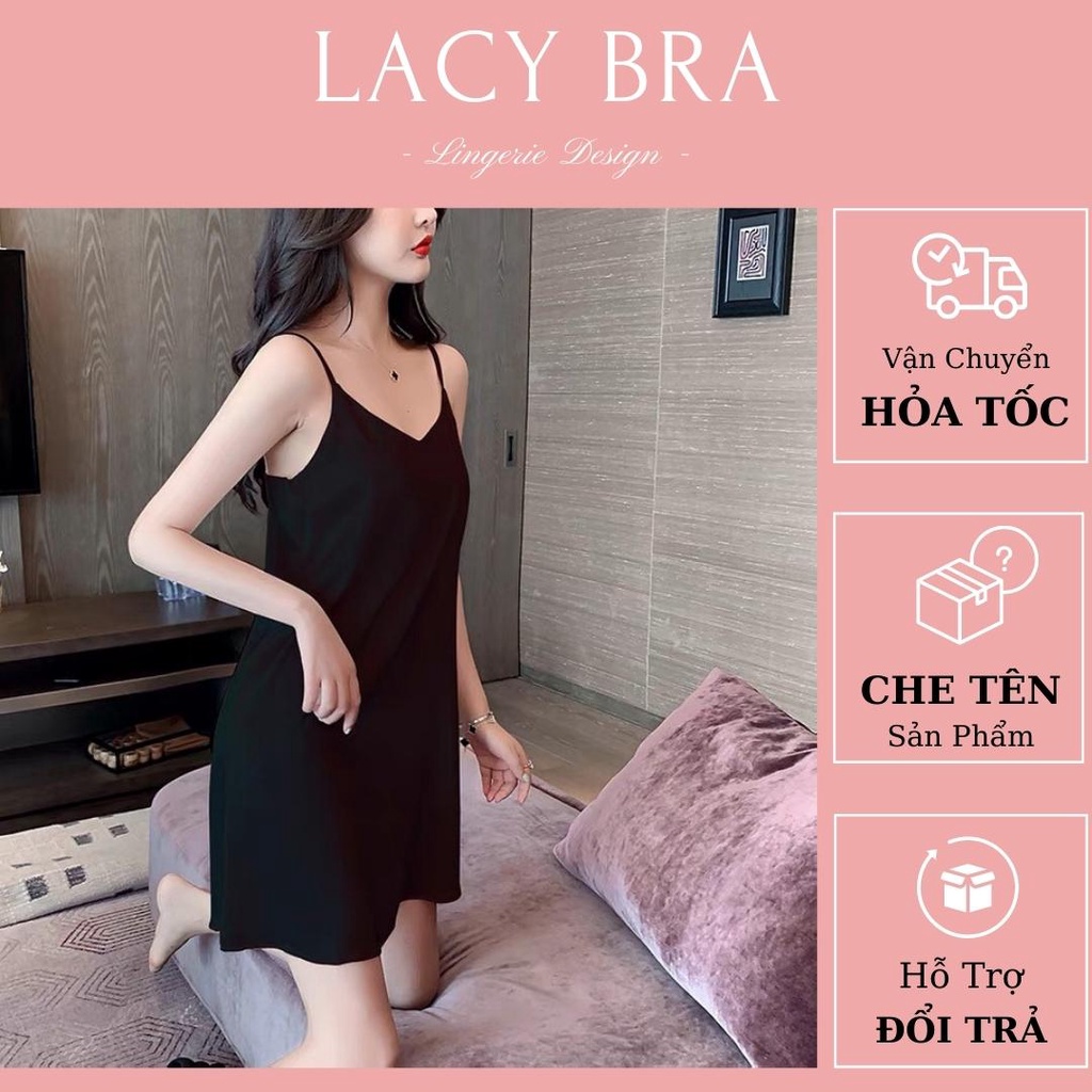 Váy Ngủ Lụa Satin Trơn Dáng Xuông Liền Thân Lacy Bra - V33