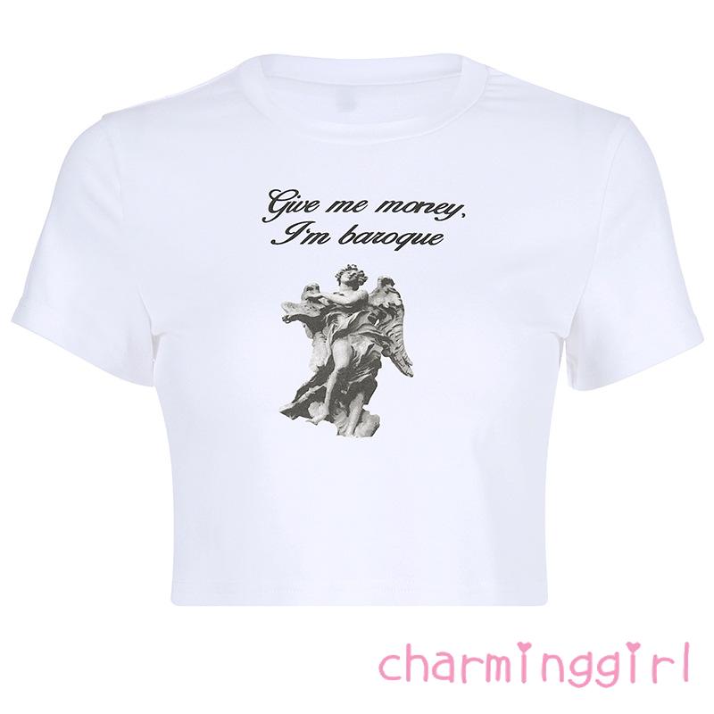 Áo tay ngắn cổ tròn họa tiết in ấn sành điệu trẻ trung cho nữ