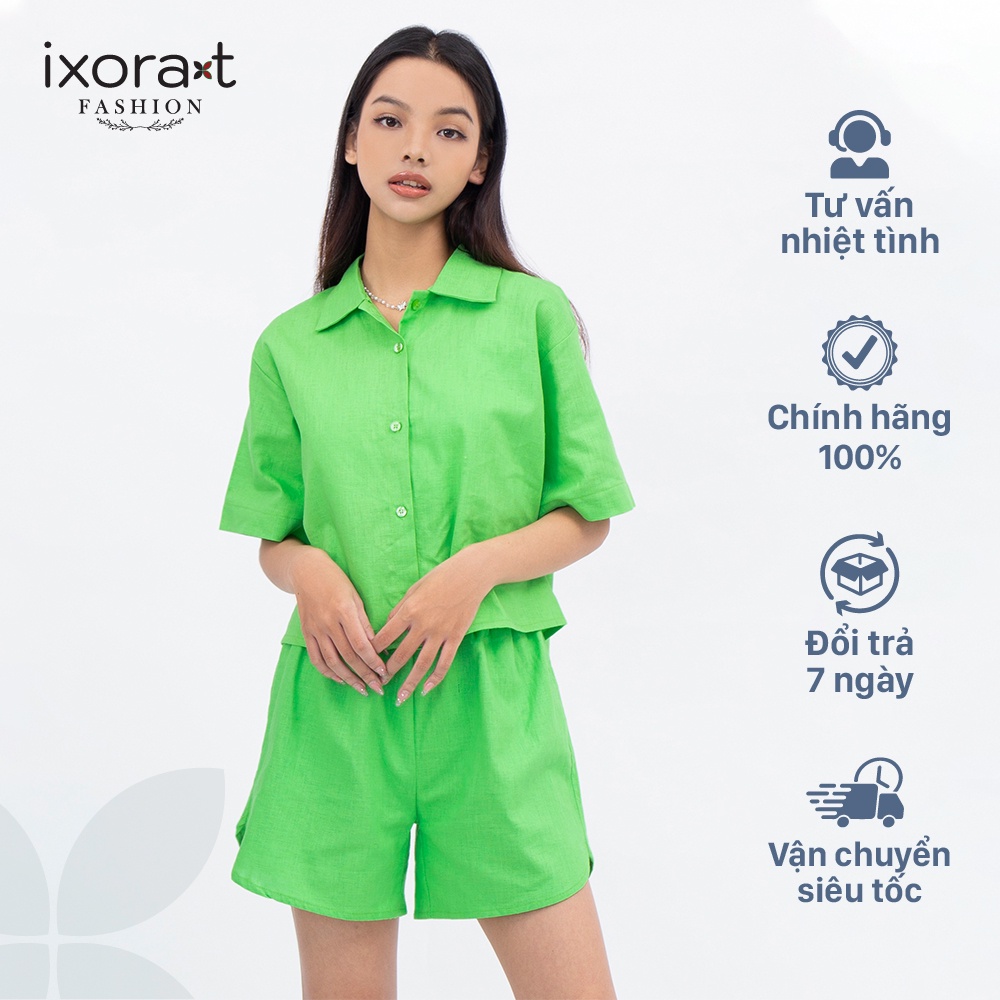 Set áo sơ mi dáng croptop kèm quần short chất linen, thiết kế trẻ trung thanh lịch - Hàng thiết kế IXORAT cao cấp