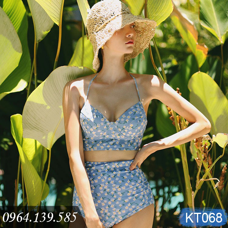 Bikini nữ 2 mảnh rẻ đẹp, áo croptop đệm mỏng, quần cạp cao, họa tiết hoa nhí xinh xắn (ảnh tự chụp) | KT068