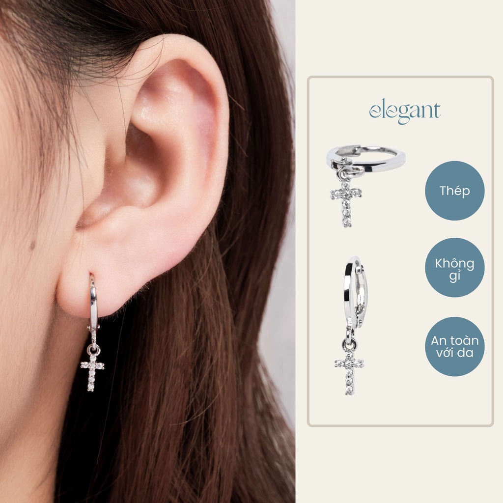 Khuyên tai vòng thả đá Hoop Cross Drop Earring (Giá 1 chiếc)
