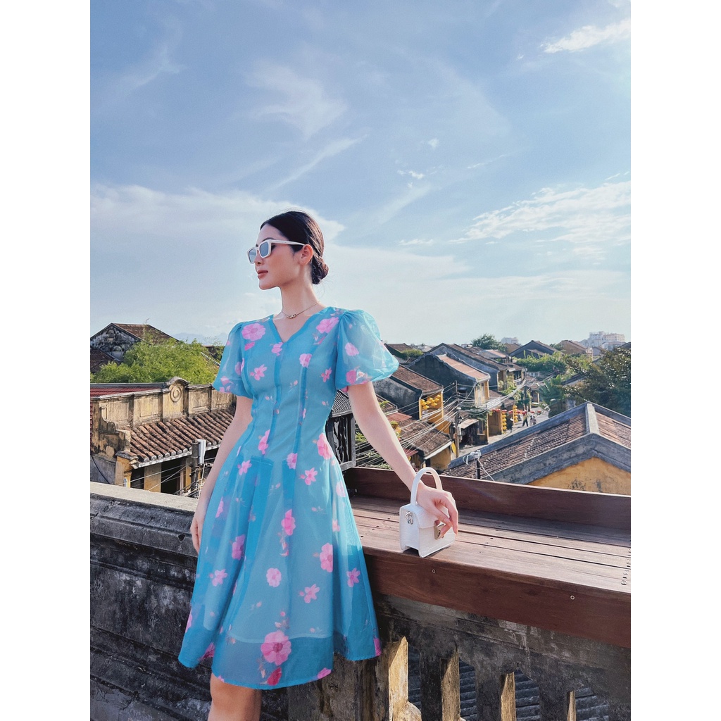 Váy tơ hoa cổ V tay bồng phong cách Hàn quốc chữ A thiết kế tiểu thư nhẹ nhàng màu xanh dương Pansy BlueYAME