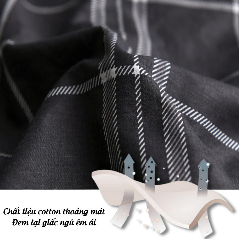 Bộ 4 món chăn ga gối đệm poly cotton họa tiết caro đen phong cách Hàn Quốc, drap giường ra nệm bo chun Otama Bedding