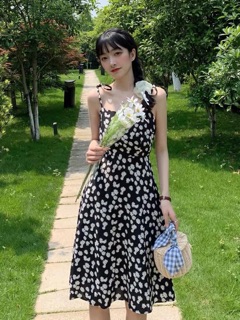 Đầm hoa cúc đen 2 dây thắt nơ (ảnh thật)