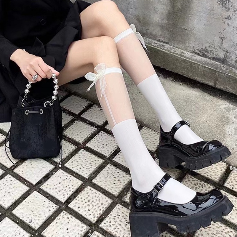 Brroa Vớ Lưới Phối Nơ Kẻ Sọc Phong Cách Gothic Nhật Bản Harajuku Ngọt Ngào Cho Nữ Hàng Có Sẵn