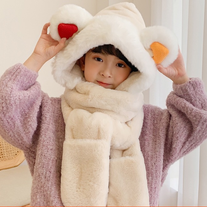 Mũ Lông Cừu Tai Gấu Kèm Khăn Quàng Cổ Và Găng Tay Ấm Áp Ulzzang Hàn Quốc Cho Bé Mùa Thu Đông
