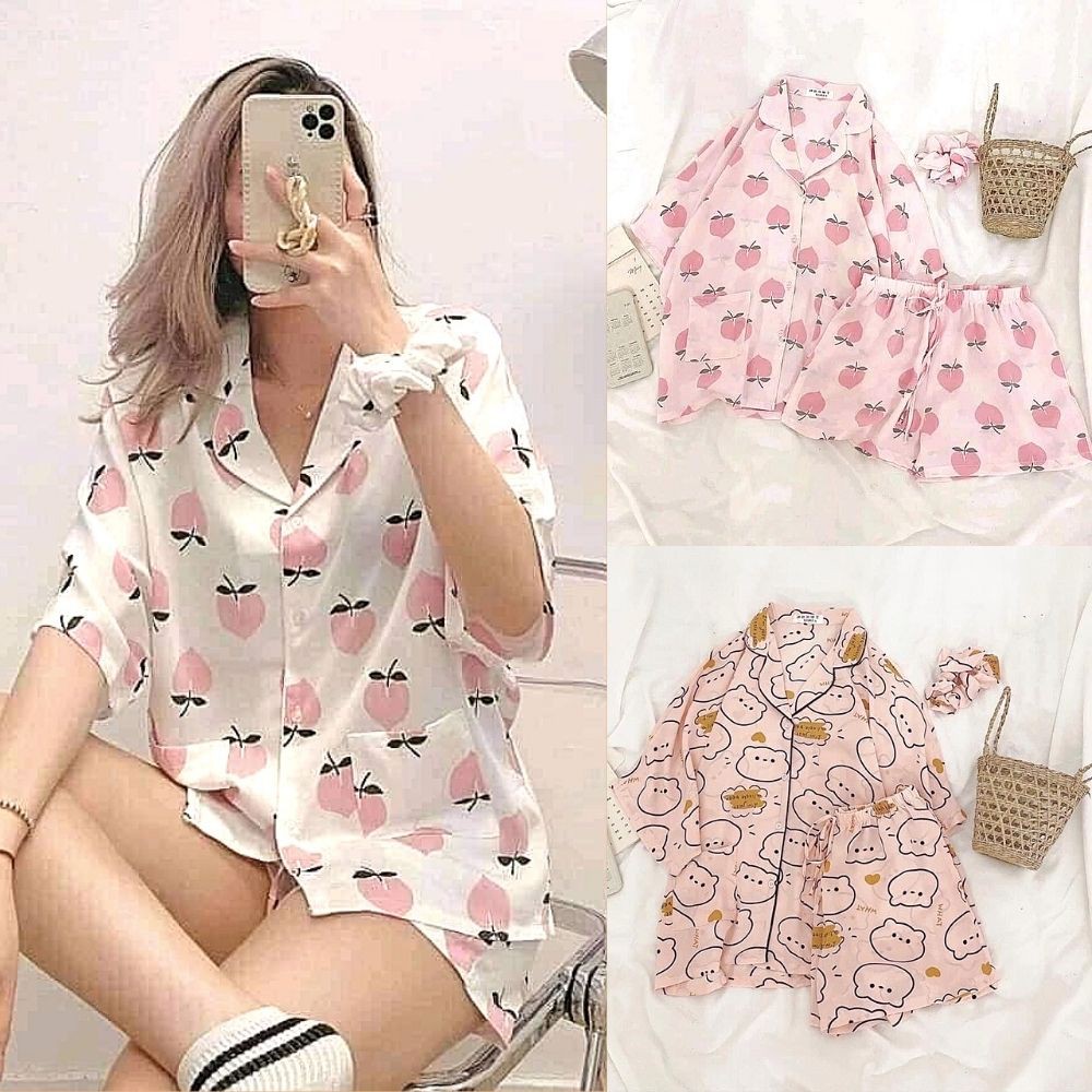 Bộ Pyjama ngắn tay Bò Sữa mặc ở nhà THUS, Set bộ ngủ Kate Thái form rộng SB1E01A