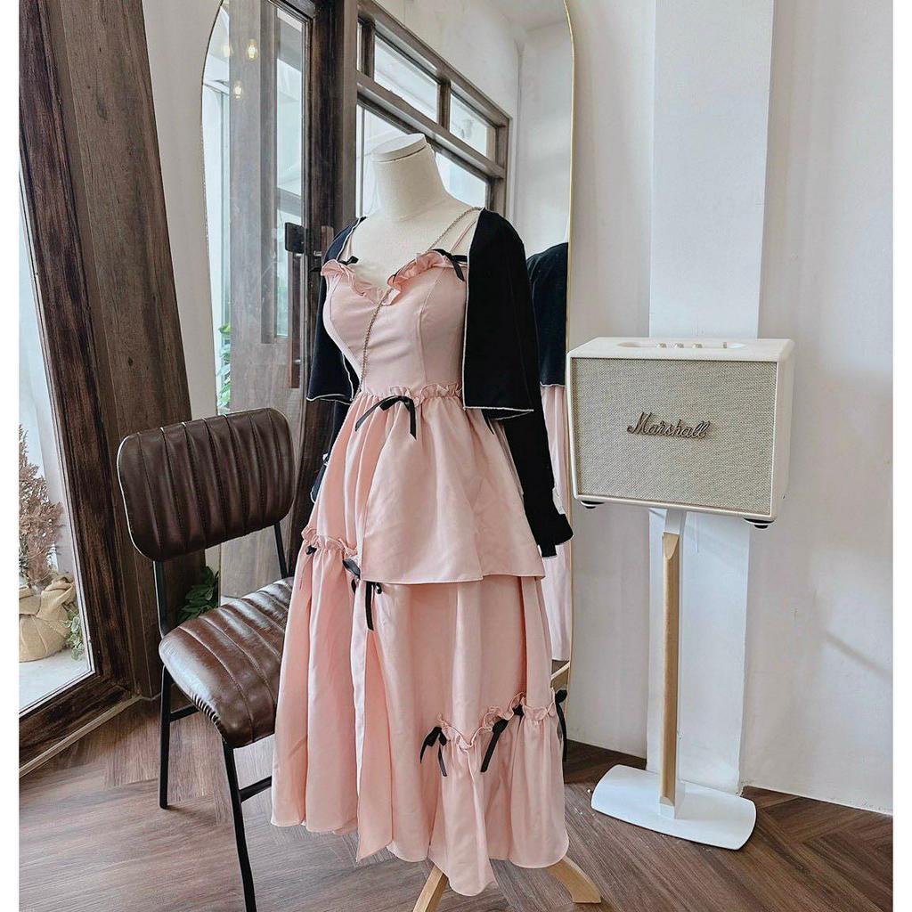 SET ĐẦM 2 DÂY HỒNG ĐÍNH NƠ ĐEN + KHOÁC ĐEN VIỀN