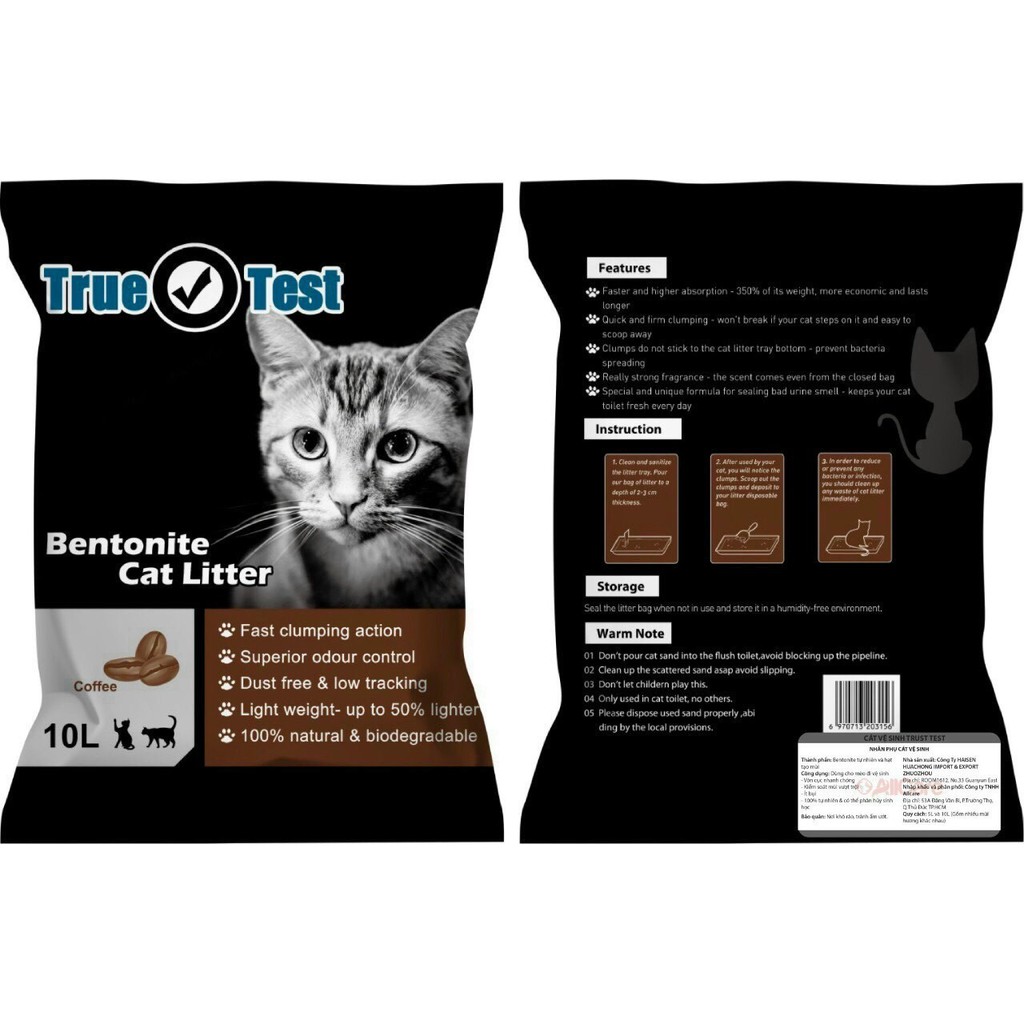 Cát vệ sinh cho mèo TRUE TEST Bentonite Cat Litter Túi 10L Siêu khử mùi Siêu vón cục Thương hiệu Haisen