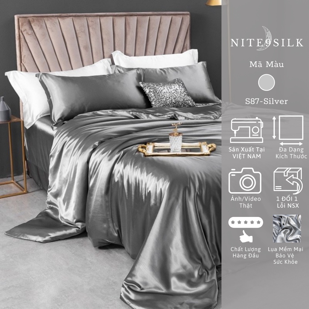 Bộ Chăn Ga Gối Lụa Bảo Vệ Giấc Ngủ - Chăn Ga Giường - Màu Xám Bạc - Nite9 Silk