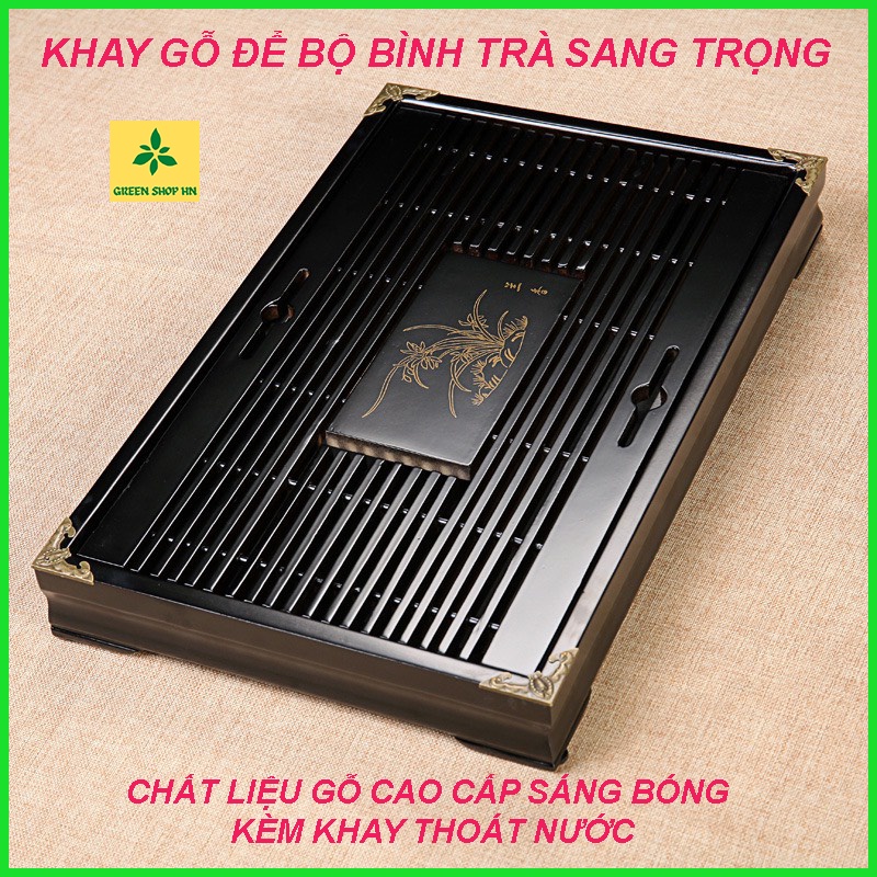 Khay Gỗ Để Bộ Bình Trà Sang Trọng - Khay Trà Cao Cấp Có Khoang Chứa Nước Chất Lượng Gỗ Sáng Bóng