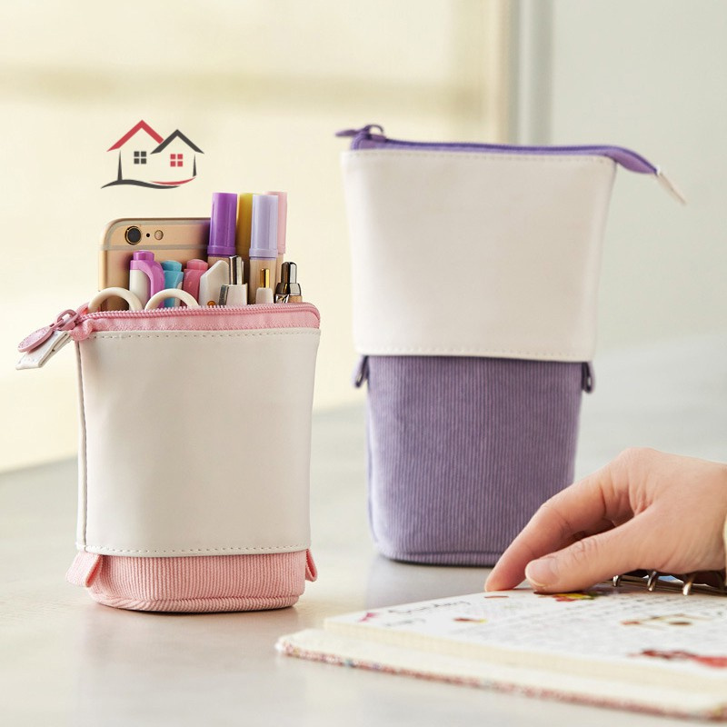 Kglg Pop-up Pencil Case Telescopic Holder Stationery Case PU Corduroy Stand-up Transformer Bag Large Capacity Gift for Kids