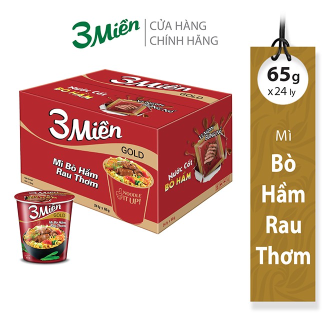 (HSD 07/2021) Thùng Mì Ly 3 Miền Gold Bò Hầm Rau Thơm 65g x 24 ly