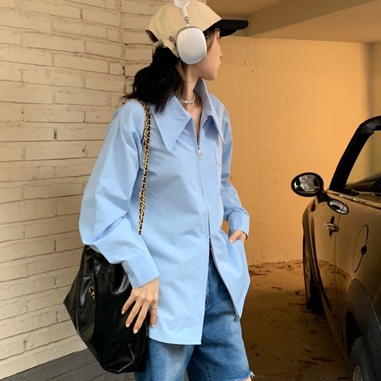 Áo sơ mi ZHELIHANGFEI tay dài dáng rộng phối khóa kéo hai chiều phong cách học đường thời trang dành cho nữ
