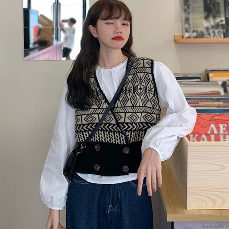 Áo Khoác Len Không Tay Cổ Chữ V Phong Cách Retro Cho Nữ