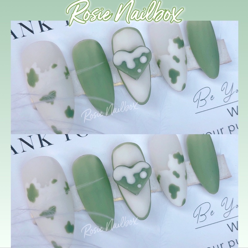 Móng úp màu xanh phối họa tiết bò sữa và tim nhẹ nhàng kèm keo và dũa cho nàng