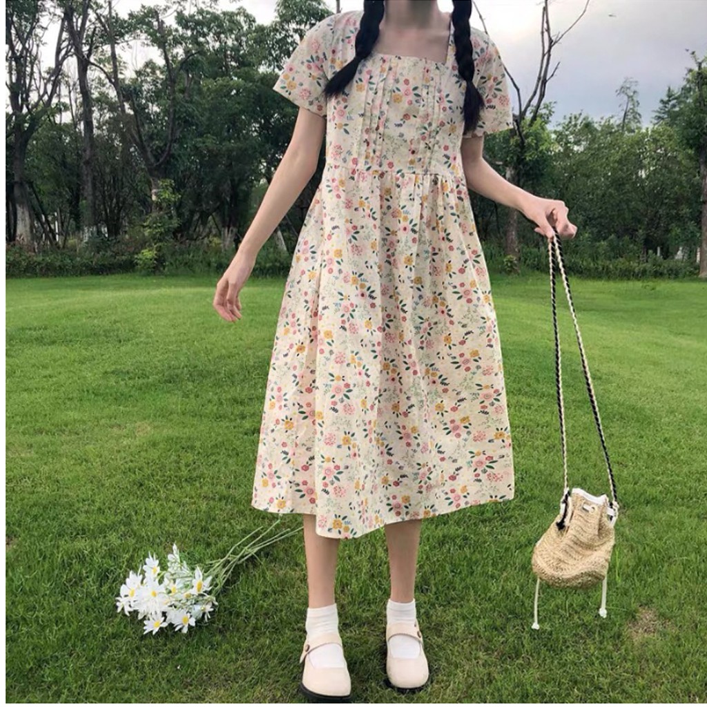 Váy babydoll hoa nhí cổ vuông xếp li ngực ulzzang, Đầm dự tiệc ulzzang hoa nhí dáng rộng chất thô lụa ngọt ngào -V9005 | BigBuy360 - bigbuy360.vn