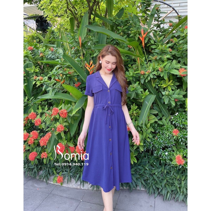 Váy bầu xanh cổ vest buộc eo