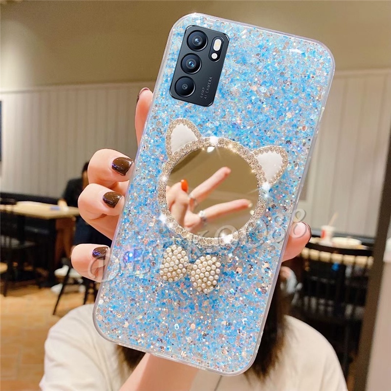 Ốp Điện Thoại Lấp Lánh Gắn Kèm Gương Trang Điểm Hình Tai Mèo Cho OPPO Reno6 Z 5G Reno 5 5F 6 Pro A16 A54 A74 A93 A15S A15 A53 Reno6Z