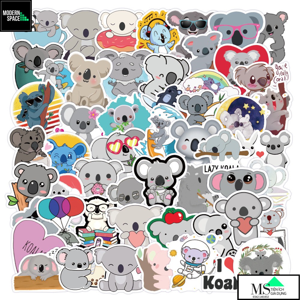 Sticker PVC Gấu Koala ST-143 - Cả bộ 50 Hình dán Stickers Chống nước Dán Xe Mũ bảo hiểm Vali Laptop Điện thoại