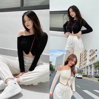 Áo croptop tay dài viền màu lệch vai cá tính