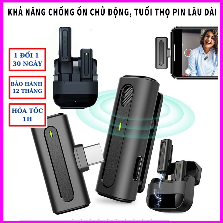 Micro không dây cài áo thu âm điện thoại, mic livestream kẹp áo quay dựng video chuyên nghệp có hộp đựng.