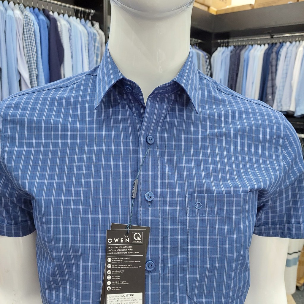 Áo Sơ Mi Nam Ngắn Tay Owen BA22674NT Cộc Tay Công Sở Cao Cấp Màu Xanh Kẻ Caro Nhỏ Vải Sợi Tre Dáng Body Fit Tà Bằng | BigBuy360 - bigbuy360.vn