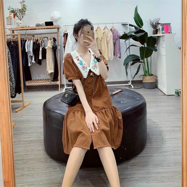 (Sale FreeShip) Đầm nữ from babydoll,cổ phối màu tay phồng dễ thương,kiểu dáng nhẹ nhàng dễ mặc lên from xinh xĩu