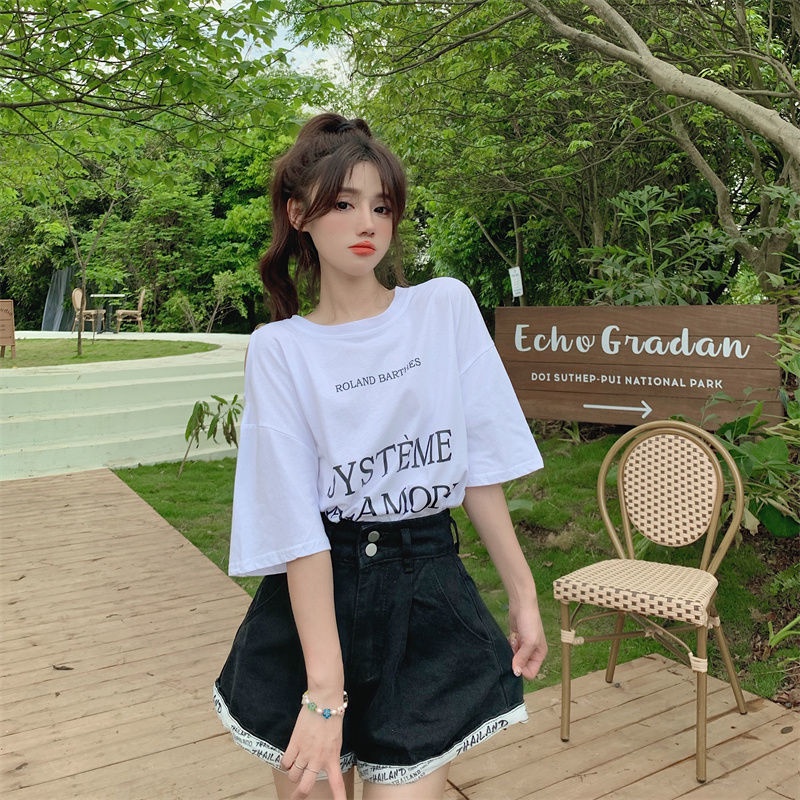Áo Thun Nữ Ngắn Tay In Chữ Khoét Lỗ Thời Trang Mới