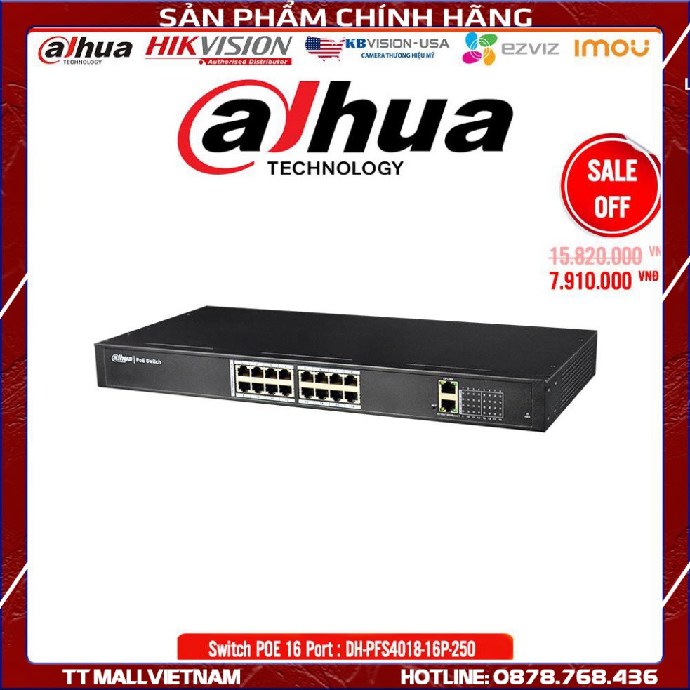 Switch PoE 16 Port Dahua PFS4018-16P-250- Bảo hành chính hãng 18 tháng