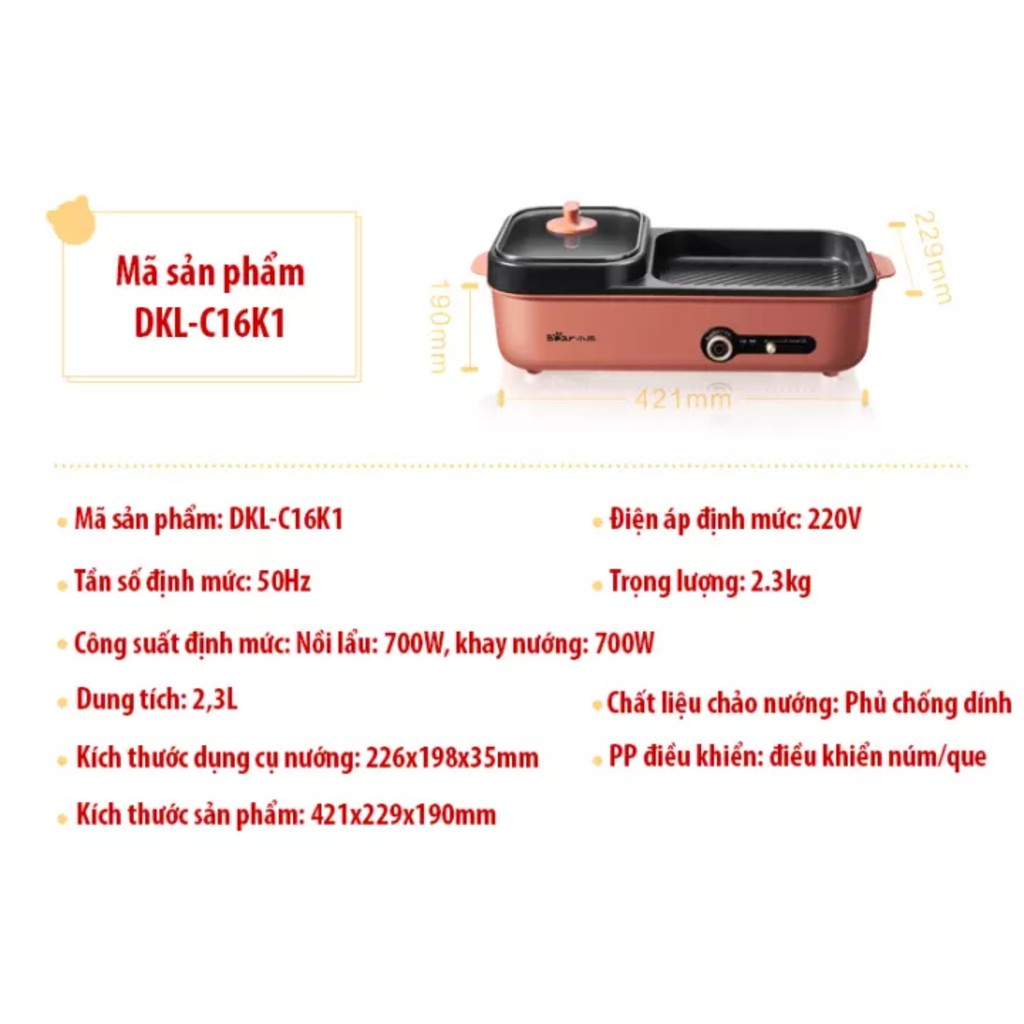 [Mã ELHADEV giảm 4% đơn 300K] Bếp, nướng, lẩu nướng BEAR đa năng DKL-C15G (Hàng nội địa)