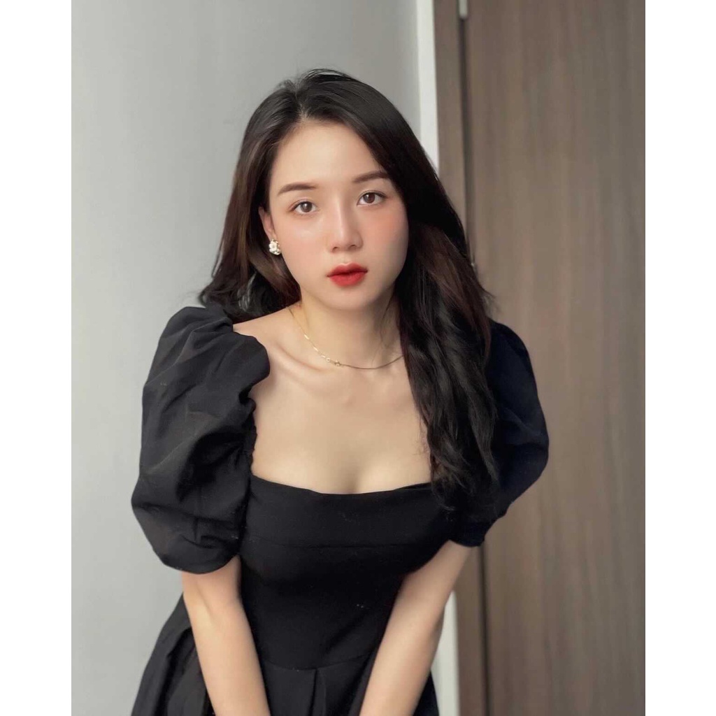 Váy ngắn tau   đầm dáng công chúa cổ ngang bánh bèo thiết kế cao cấp dáng xòe màu đen AMODA VN001