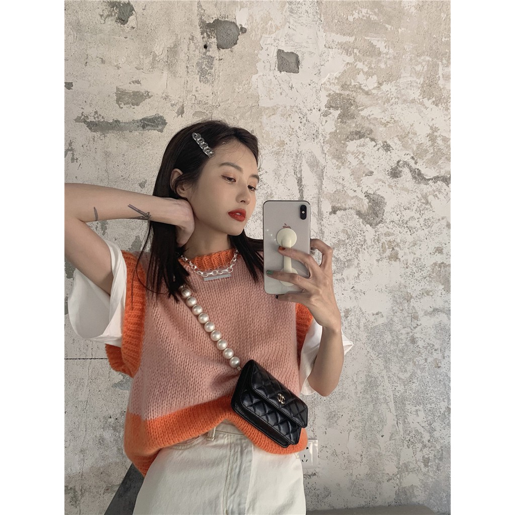 Áo len không tay cổ chữ V màu sắc tương phản thời trang | BigBuy360 - bigbuy360.vn