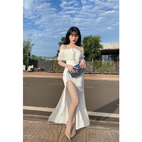 Đầm body xẻ tà trễ vai đính cườm sang chảnh Silk Dress 🌷